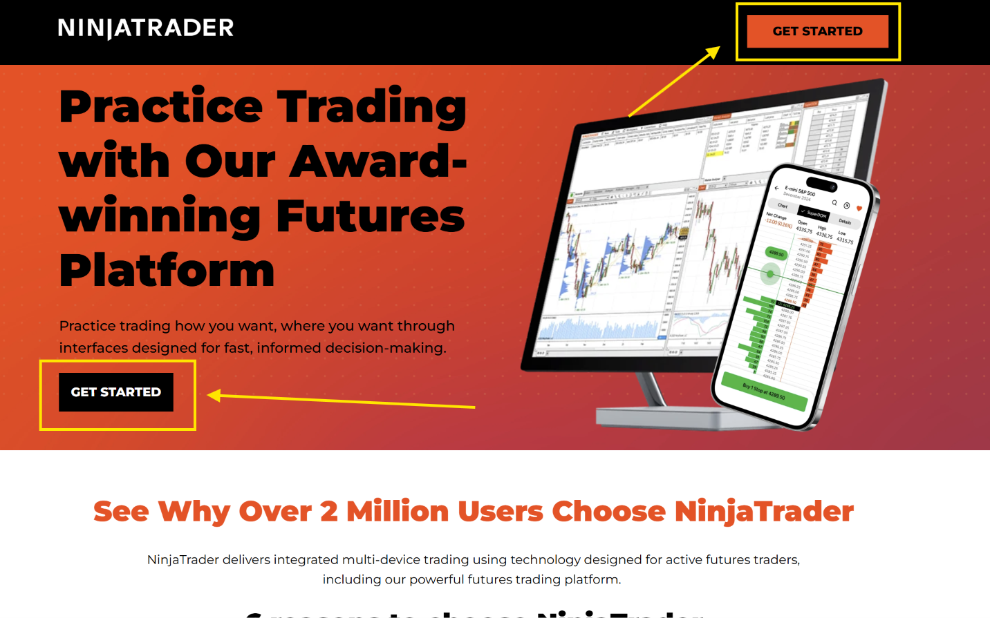 Página de NinjaTrader con el botón Get Started señalado