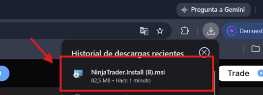 Archivo instalador de NinjaTrader en las descargas del navegador