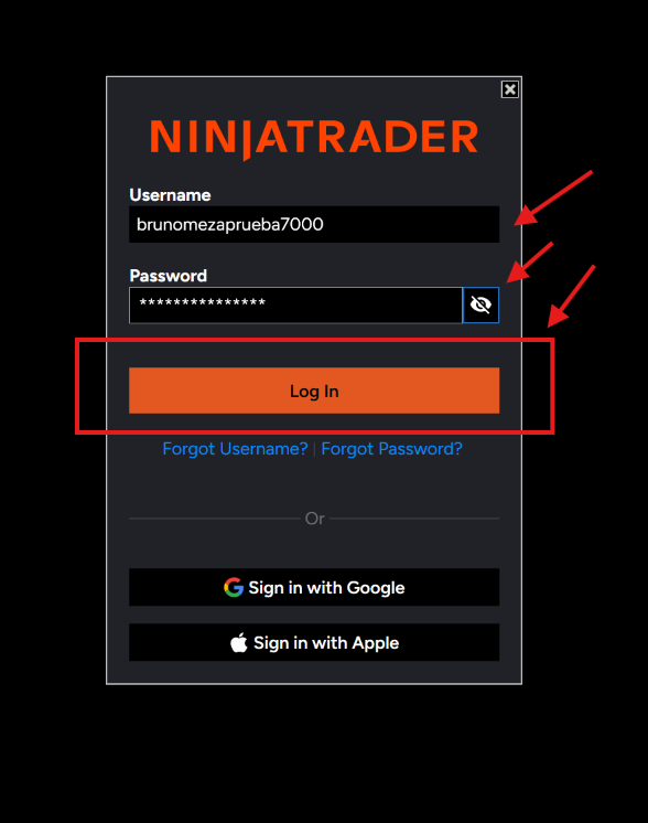 Pantalla de inicio de sesión de NinjaTrader