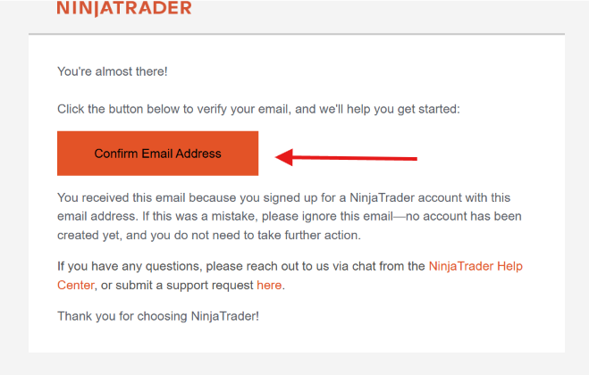 Correo de NinjaTrader con el botón Confirm Email Address