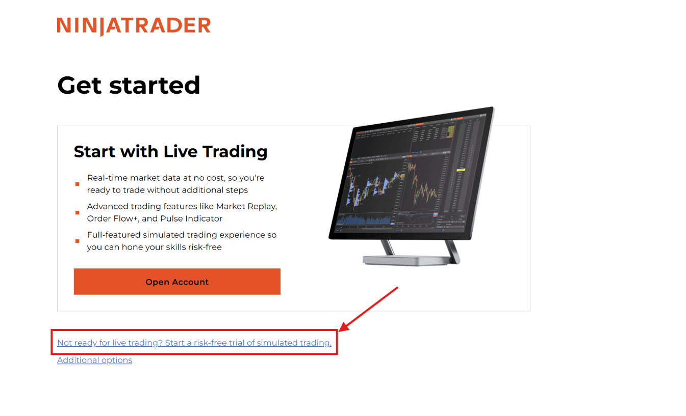 Opción para iniciar una prueba de trading simulado en NinjaTrader