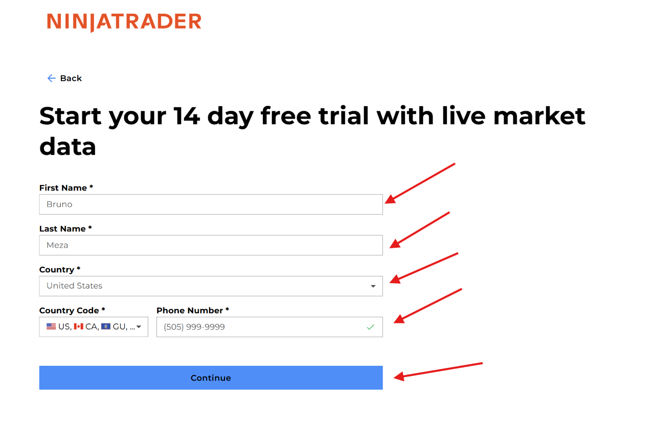 Formulario para iniciar la prueba de datos de mercado de NinjaTrader