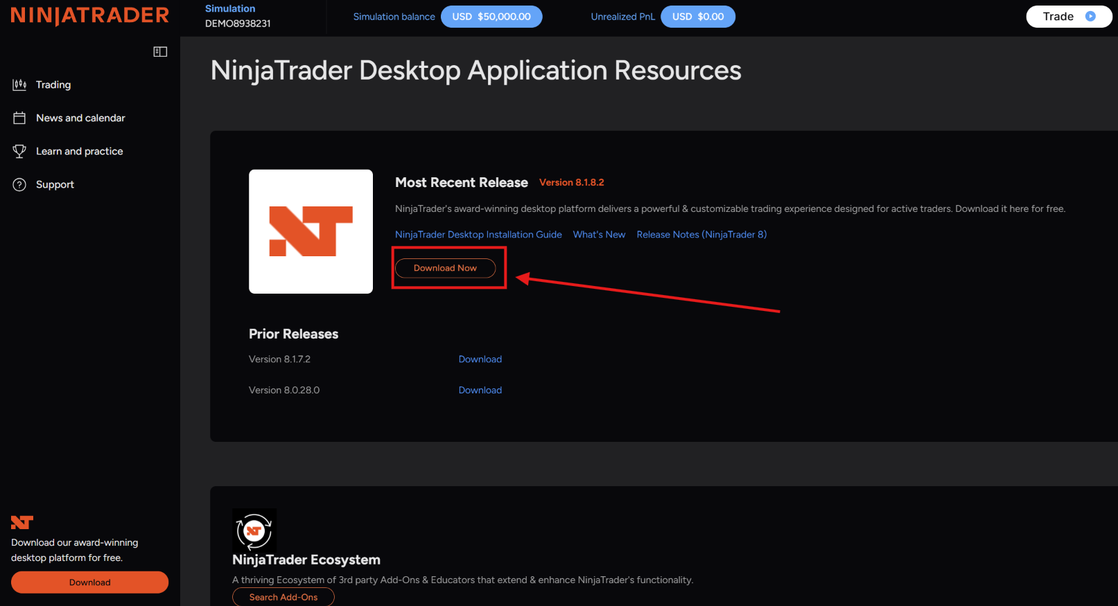 Most Recent Release de NinjaTrader con el botón Download Now
