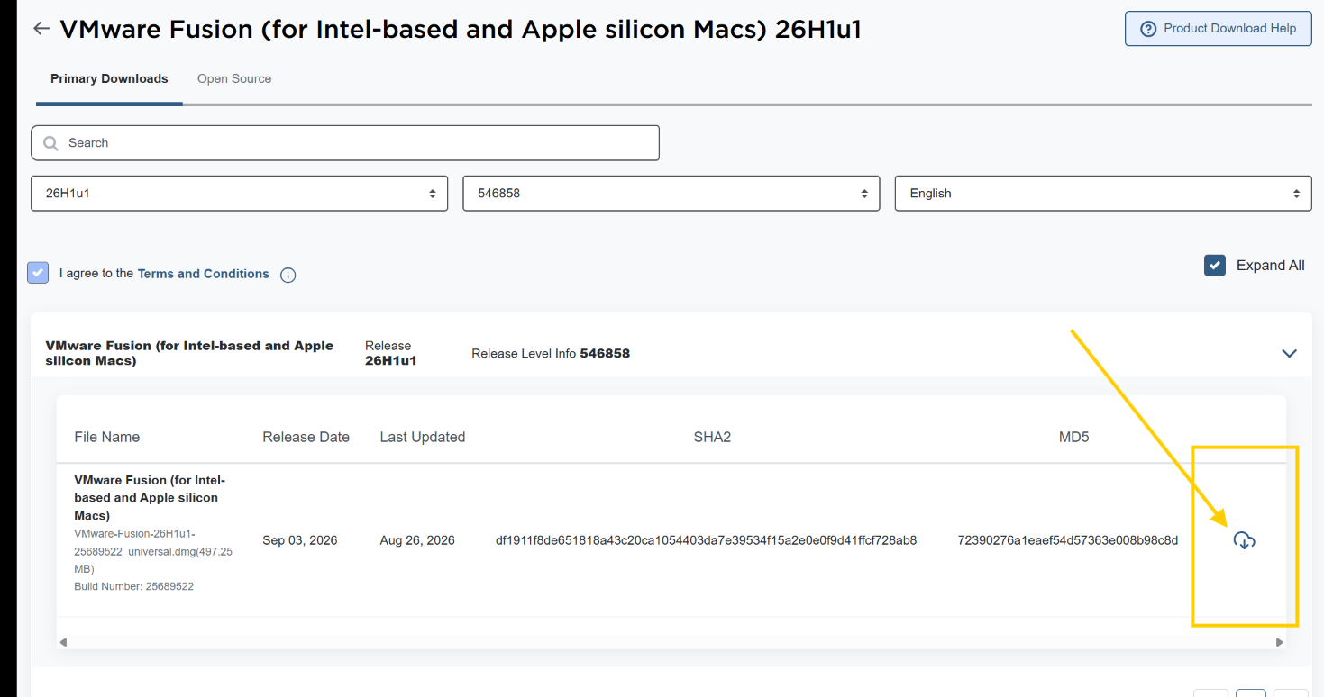Botón de descarga de VMware Fusion señalado