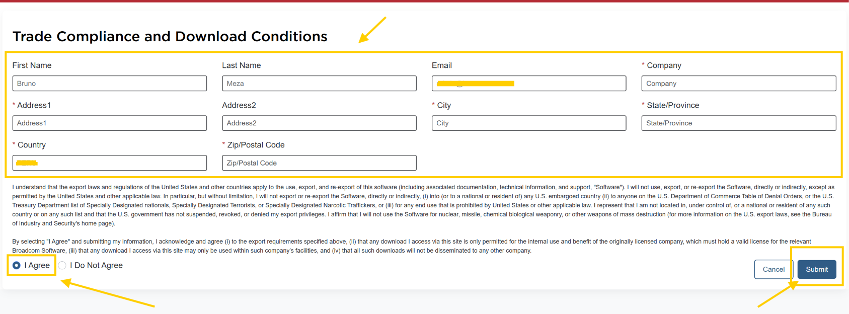 Formulario Trade Compliance and Download Conditions de Broadcom
