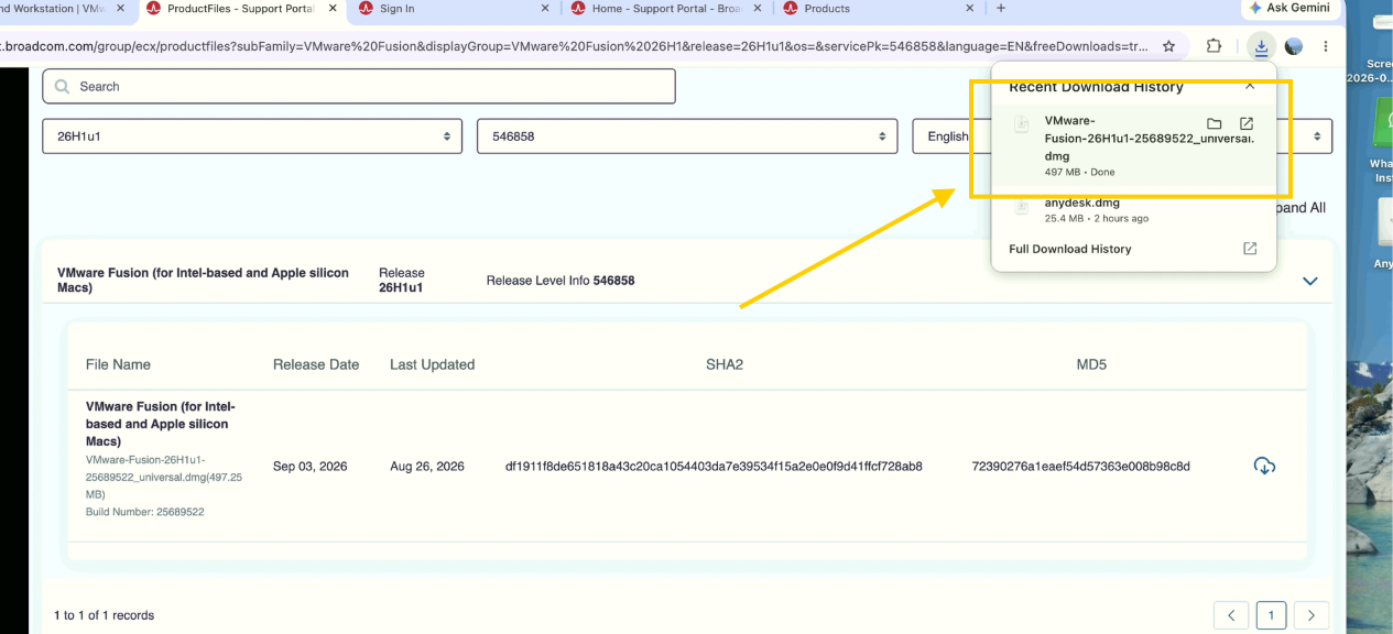 Archivo de VMware Fusion descargado en el navegador