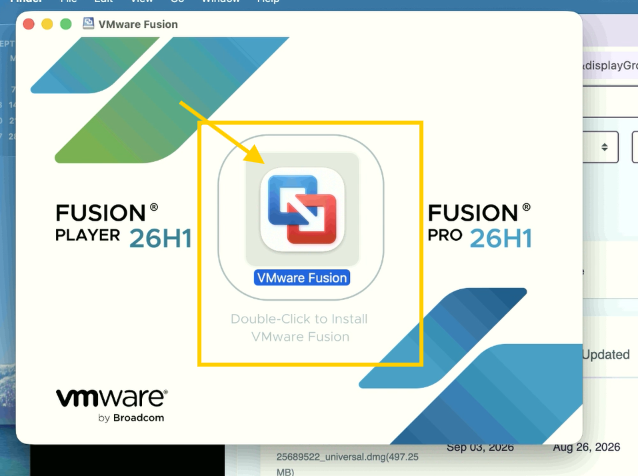 Ventana de VMware Fusion con Double-Click to Install VMware Fusion