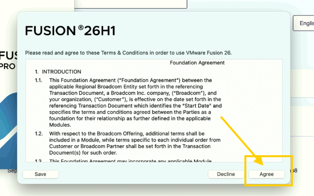 Acuerdo de VMware Fusion con el botón Agree señalado