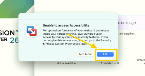 Aviso Unable to Access Accessibility con OK señalado