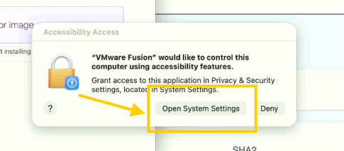 Solicitud de accesibilidad de VMware Fusion con Open System Settings