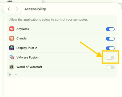 Ajustes de Accessibility con VMware Fusion señalado