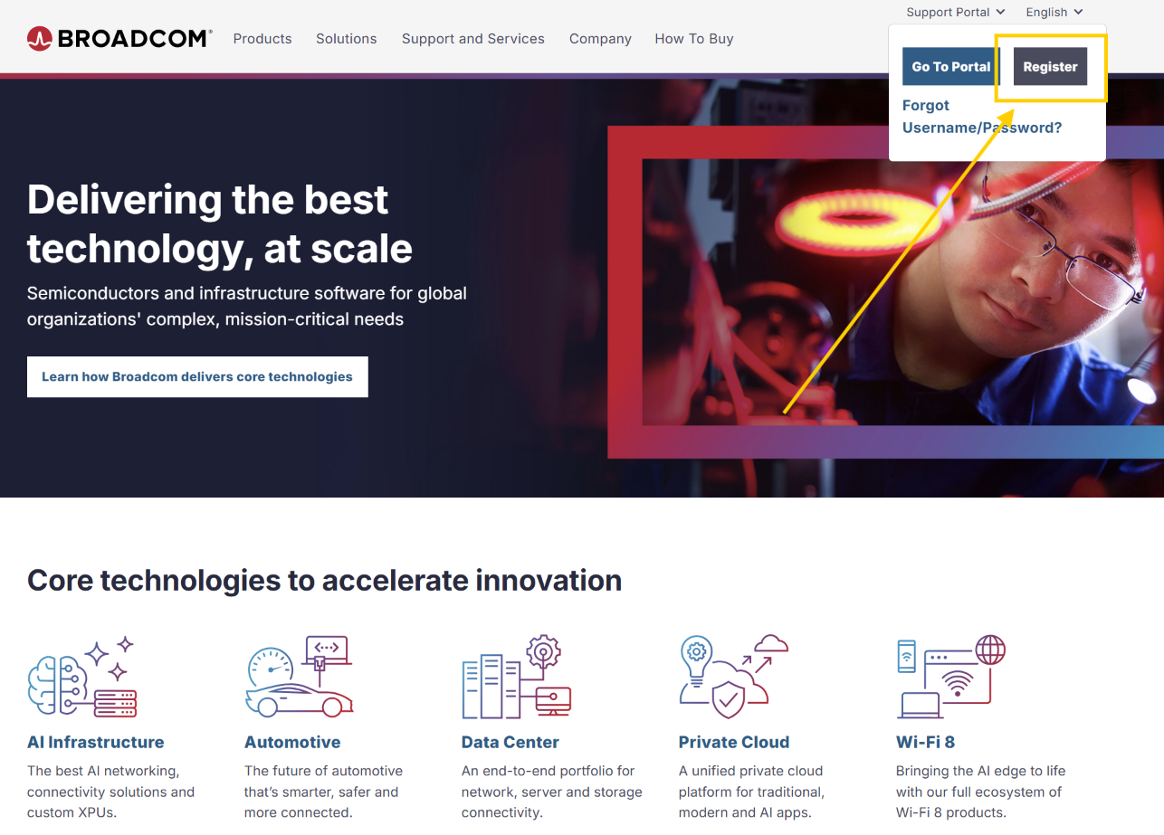 Página de Broadcom con Support Portal y Register señalados