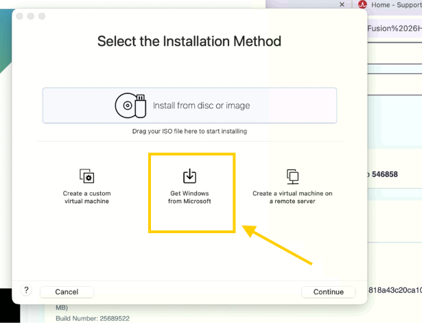 Select the Installation Method con Get Windows from Microsoft señalado