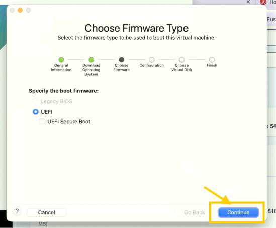 Choose Firmware Type con Continue señalado