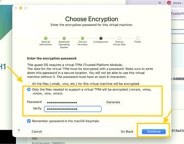 Choose Encryption con la opción de virtual TPM y contraseña
