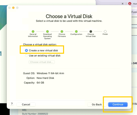 Choose a Virtual Disk con Create a new virtual disk señalado