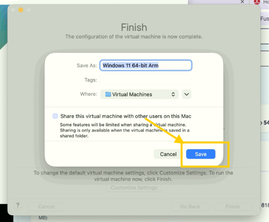Ventana Save As de VMware Fusion con Save señalado