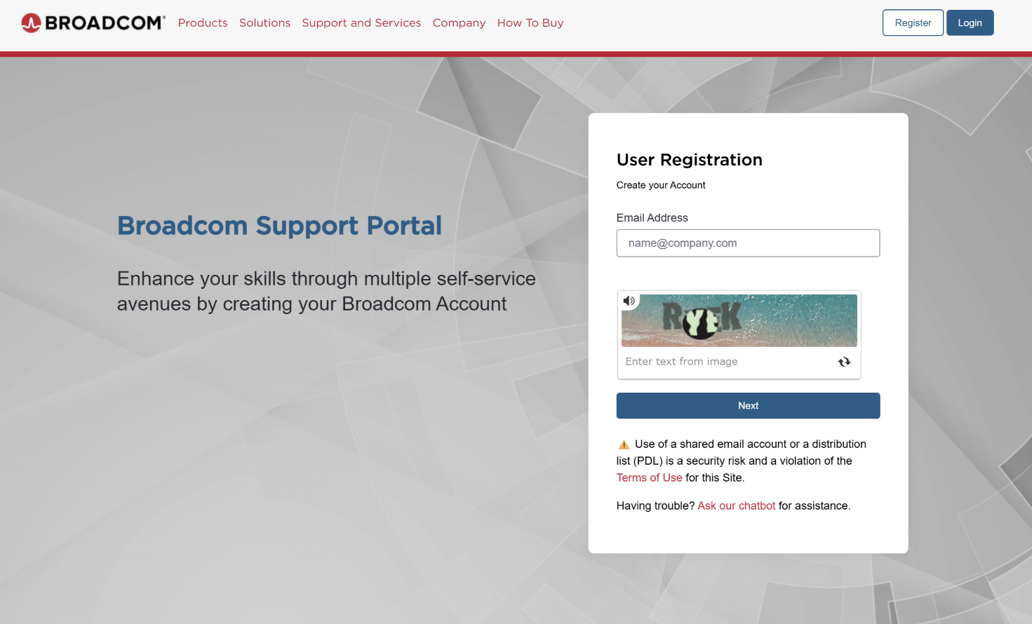 Formulario de registro de Broadcom con correo electrónico y captcha