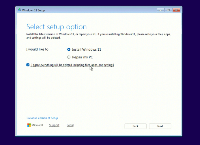 Select setup option con Install Windows 11 seleccionado