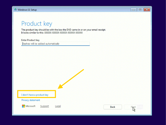 Pantalla Product key con I don’t have a product key señalado