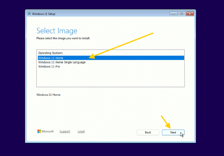 Select Image con Windows 11 Home seleccionado