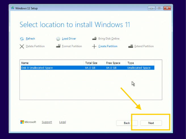 Select location to install Windows 11 con el disco predeterminado