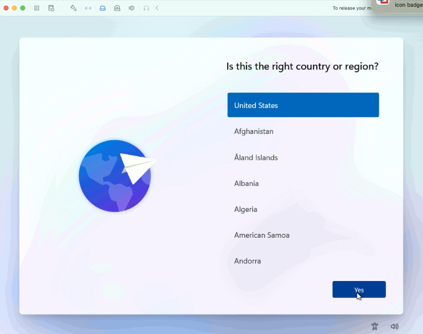 Configuración de Windows preguntando por el país o región