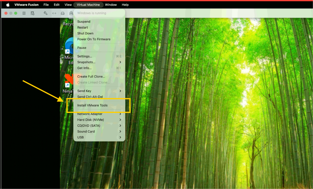 Menú Virtual Machine de VMware Fusion con Install VMware Tools señalado