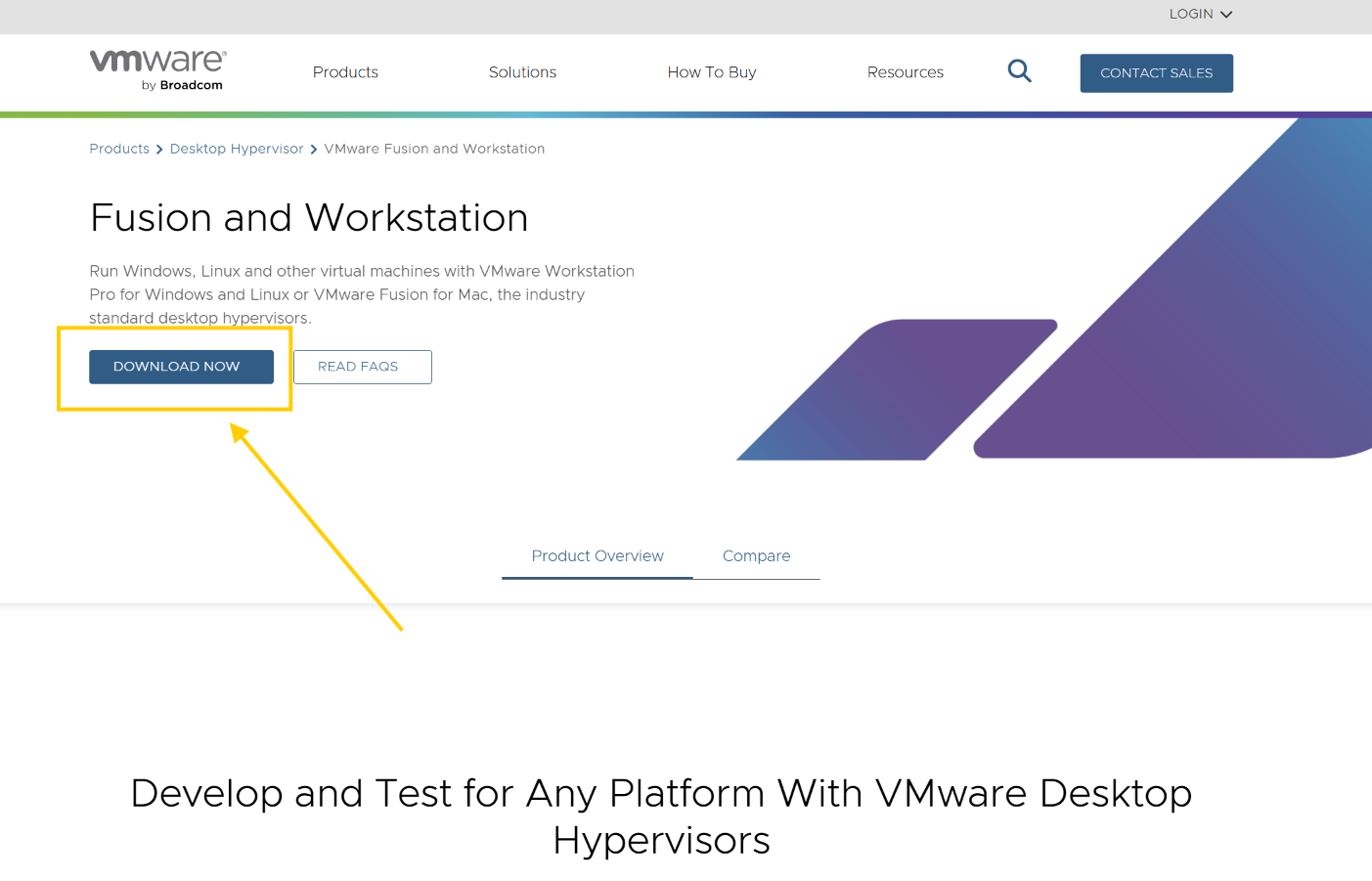 Página oficial de Fusion and Workstation con Download Now señalado