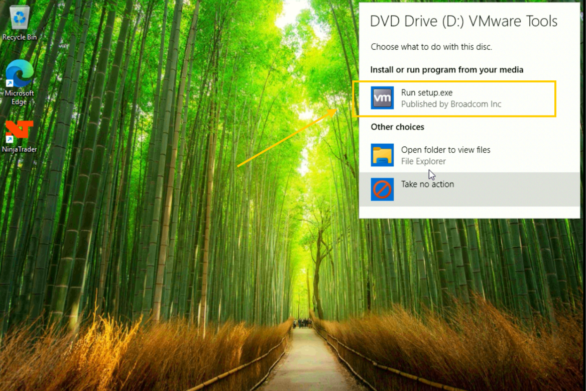 Menú del DVD Drive VMware Tools con Run setup.exe