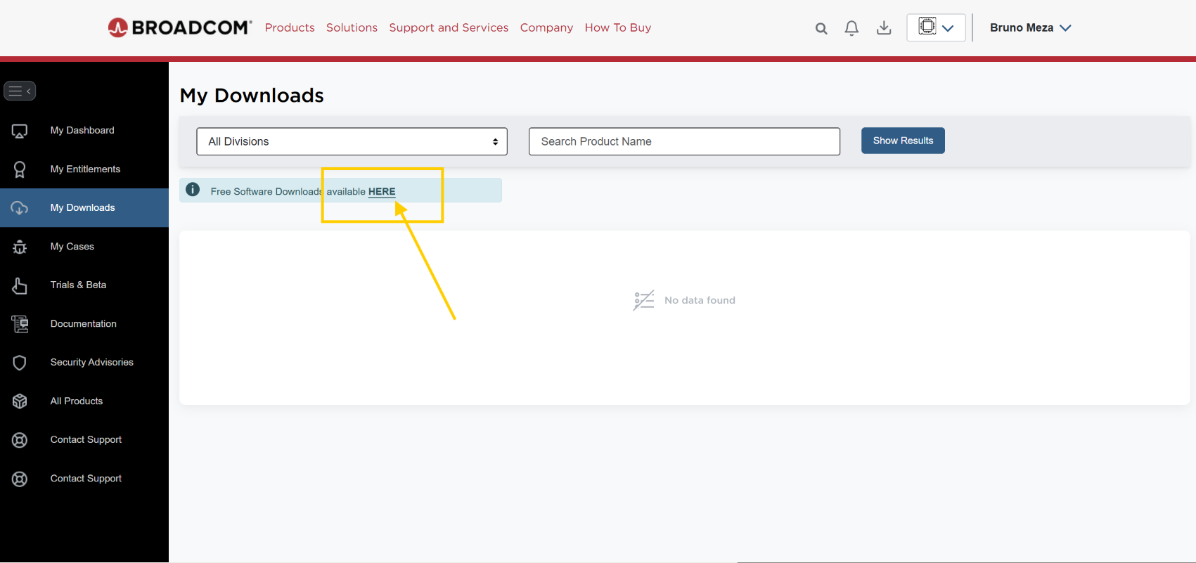 My Downloads de Broadcom con el enlace Here señalado