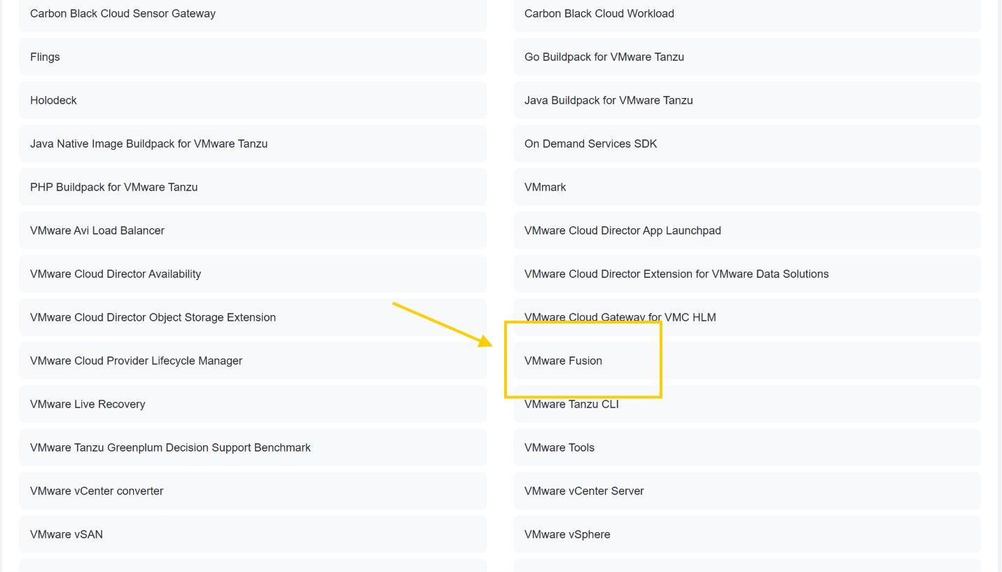 Listado de software gratuito de Broadcom con VMware Fusion señalado