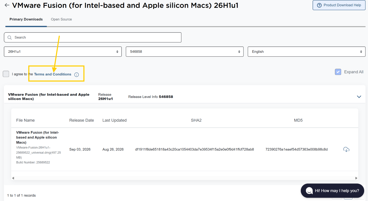 Página de descarga de VMware Fusion con Terms and Conditions señalado